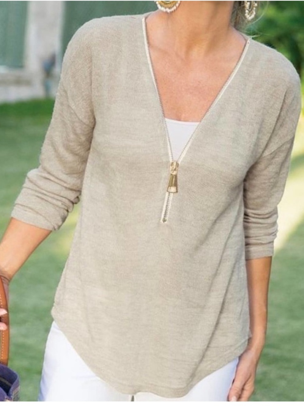 Soft Surroundings Valentina Zip Top Taupe Slub Knit Oversized Pullover